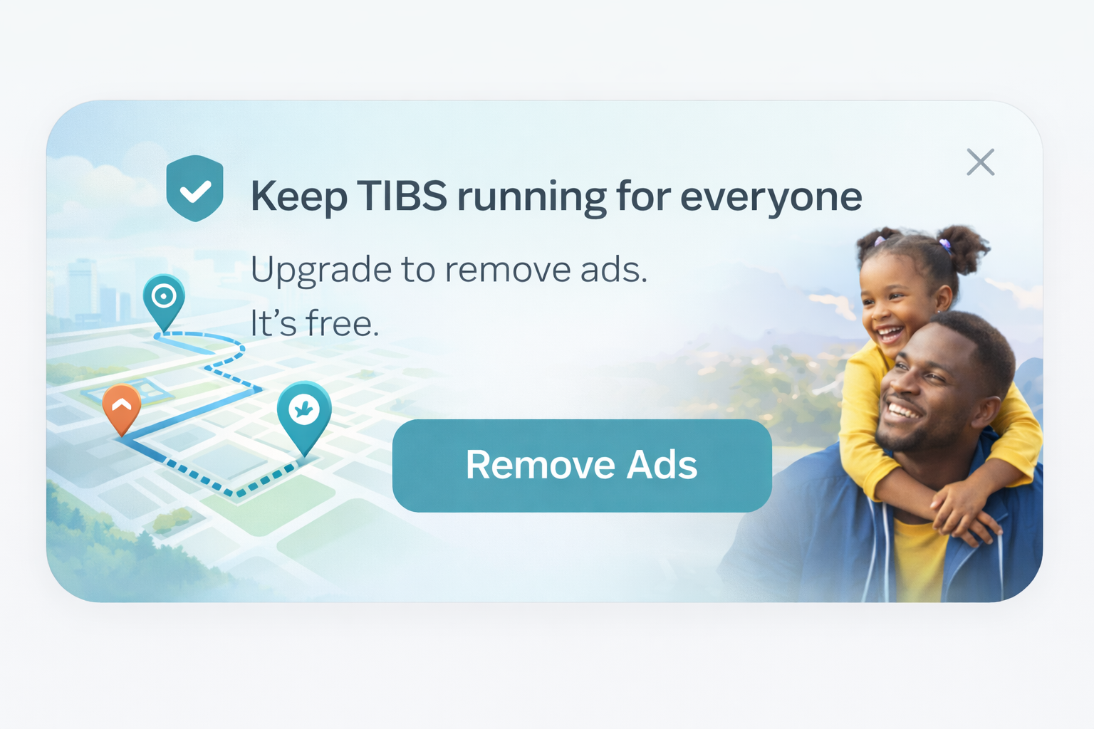 TIBS upgrade banner encouraging riders to sign up and remove ads